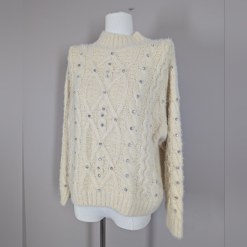 Esqualo Cream Rhinestone Sweater Cable Knit Cozy Holiday Large